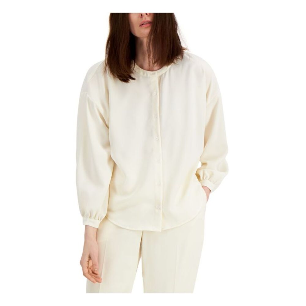 ALFANI Womens Ivory Drop Shoulder Dolman Sleeve Crew Neck Button Up Top L - Picture 3 of 4